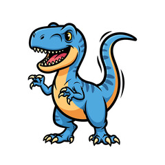 Fototapeta premium A cute cartoon blue Tyrannosaurus Rex dinosaur with a friendly smile and winking eye, standing on a white background.