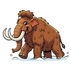 Fototapeta premium A cartoon illustration of a woolly mammoth walking on a snowy surface with a smile.