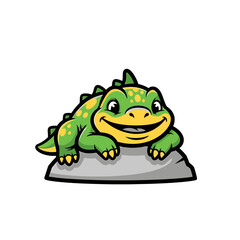 Fototapeta premium Cartoon green lizard with yellow spots resting on a gray rock with a happy expression.