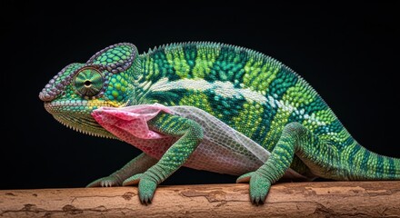 Magnificent Chameleon resting on branch showcasing its vibrant colors