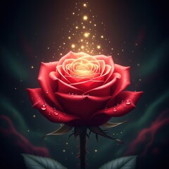 Radiant red rose with golden light emanating from the petals artwork