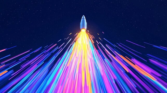 Rocket launching into space with vibrant flames and motion trails illuminating the night sky and stars in the background, speed concept