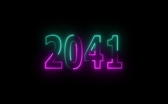 Glowing neon year two thousand forty one with cyan and magenta outlines on a black background