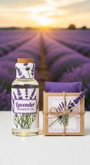 Calming lavender product set against field landscape in golden hour light