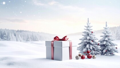 Obraz premium Winter wonderland scene with a present and decorated snowy Christmas