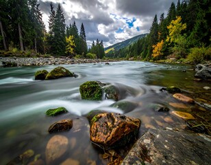 A river flows swiftly between trees under dramatic, cloudy skies with mossy rocks