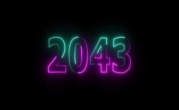 Illuminated date of two thousand and forty three with neon colors on a black background display
