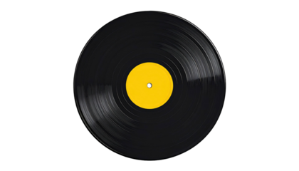Black vinyl record disc with yellow center label, isolated on a dark background with light gloss reflections