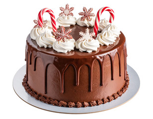 Chocolate Christmas Cake with Candy Canes and Snowflake Toppers, 3D Render PNG