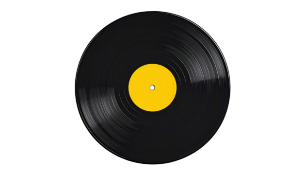 Black vinyl record disc with yellow center label, isolated on a dark background with light gloss reflections