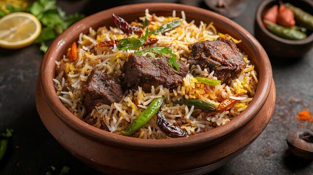 Dum handi mutton biryani cooked in traditional clay pot, indian gosht pilaf with aromatic spices, popular non-vegetarian cuisine