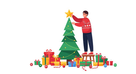 Man Putting Star Topper on Christmas Tree