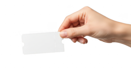 Hand holding a blank white card isolated on transparent background for customizable use