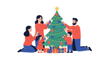 Happy Family Decorating Christmas Tree Together
