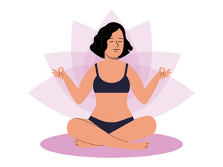 A woman with sport bra is sitting in lotus position. Meditation vector illustration. Flat illustration concept.