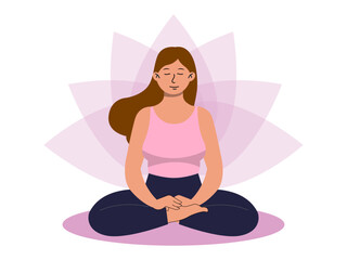 Pretty young girl training yoga asana Bhadrasana for wellness sitting on floor with lotus background. Meditation vector illustration. Flat illustration concept.