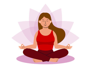 Woman meditating in a cross-legged sitting position while listening to music. Meditation vector illustration. Flat illustration concept.