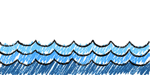 Crayon drawn sea background vector. Ideal for nature, ocean, and childhood art themes. This graphic provides a textured backdrop of wavy water in a coloring-book style.