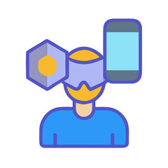 Simplified vector avatar with VR headset, phone and hexagon on black background