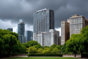 Obraz premium Buildings rise behind lush green park under dark overcast sky