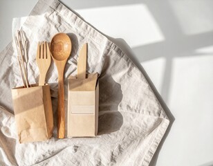 Eco-Friendly Wooden Utensils and Paper Packaging on Textured Linen Cloth