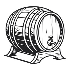 Black and White Illustration of Wooden Barrel on Stand with Spigot Keywords: barrel, wood