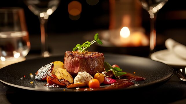 Elegant gourmet dinner plate with luxury fine dining presentation