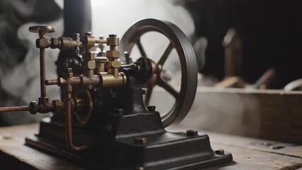 Close-up of a vintage steam engine model in operation, emitting steam and showcasing intricate mechanical details.