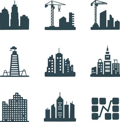 Urban Growth Solid Icon Set  Skyscrapers, Cranes, and City Development