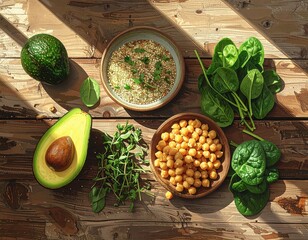 Overhead View of Healthy Food Ingredients on Rustic Wooden Table