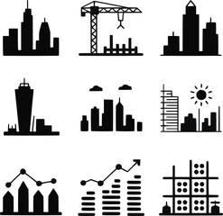 Urban Growth Solid Icon Set  Skyscrapers, Cranes, and City Development