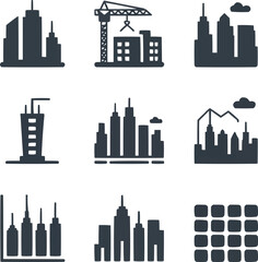 Urban Growth Solid Icon Set  Skyscrapers, Cranes, and City Development