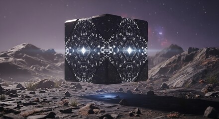 An enigmatic dark crystalline structure with intricate glowing patterns floats silently over a desolate extraterrestrial terrain, hinting at advanced alien technology under a starlit sky