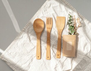 Wooden Utensils and Dried Flowers on Linen with Soft Shadow and Light