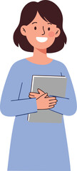 Fototapeta premium A businesswoman holding a tablet and smiling while wearing a blue dress.