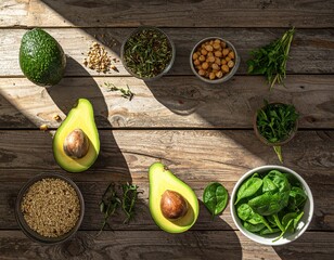 Rustic Wood Table with Avocado Halves, Spinach, Chickpeas, and Herbs in Bowls
