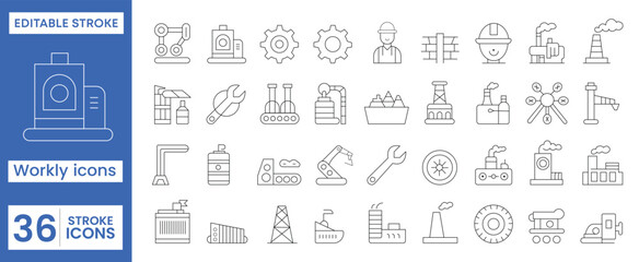 Industry and Factory Line Icons Set — 36 Editable Stroke Manufacturing, Engineering, and Industrial Production Outline Vector Illustration on White Background