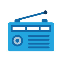 Retro-styled flat illustration of a blue radio on a stark black background