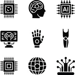 Future Technology Solid Icon Set  Quantum Chip, Neural Interface, and AI Innovations