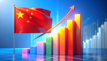 the Chinese flag next to a rising bar graph and upward trending arrow, symbolizing economic growth and a rising financial market in China. The design uses red and yellow. 

