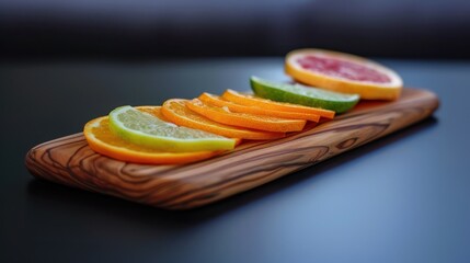 Colorful Citrus Fruit Slices on Wooden Board in Bright Light