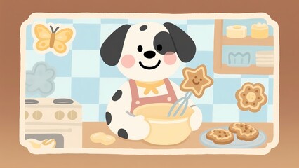 Cute pet baking-themed cartoon illustration with spotted dog.