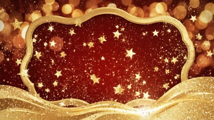 Golden stars falling into a red ornate frame, an abstract decorative background for holiday greeting card animation - Powered by Adobe
