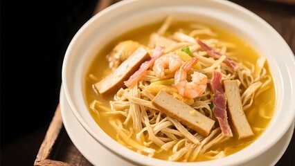 Seafood and mushroom soup with shrimp, ham and tofu.