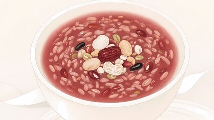 Mixed grain congee with red beans, black rice and peanuts.