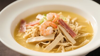 Seafood and mushroom soup with shrimp, ham and tofu.