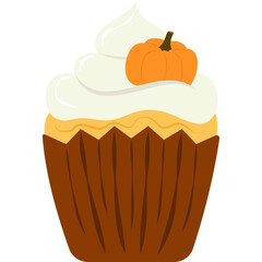 A Delicious Cupcake Decorated With A Tiny Pumpkin And Whipped Cream Frosting In Autumn Colors On A Transparent Background
