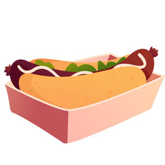 A Delicious Hot Dog with Toppings in a Pink Tray with a White Background