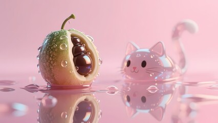 Cute fruit and cartoon cat creative still life with pink theme.