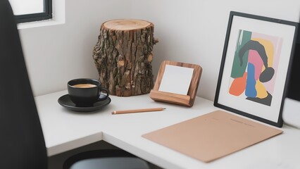 Minimalist office desk with natural wood elements and artistic decor.
